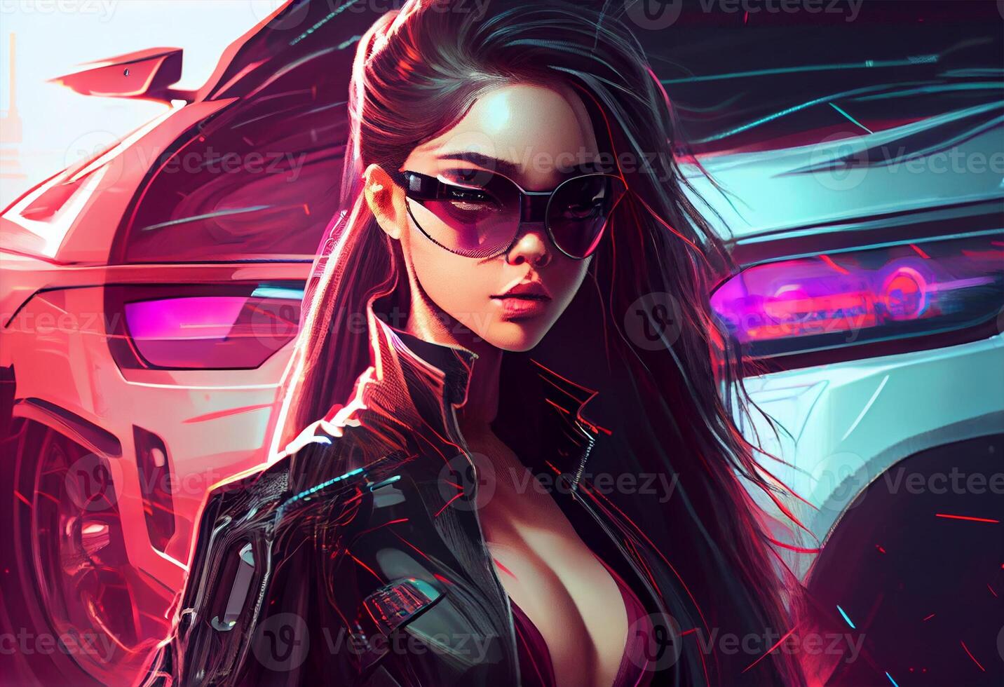 Fashion cyberpunk girl drive a supercar asian woman with future digital glasses, realistic. photo