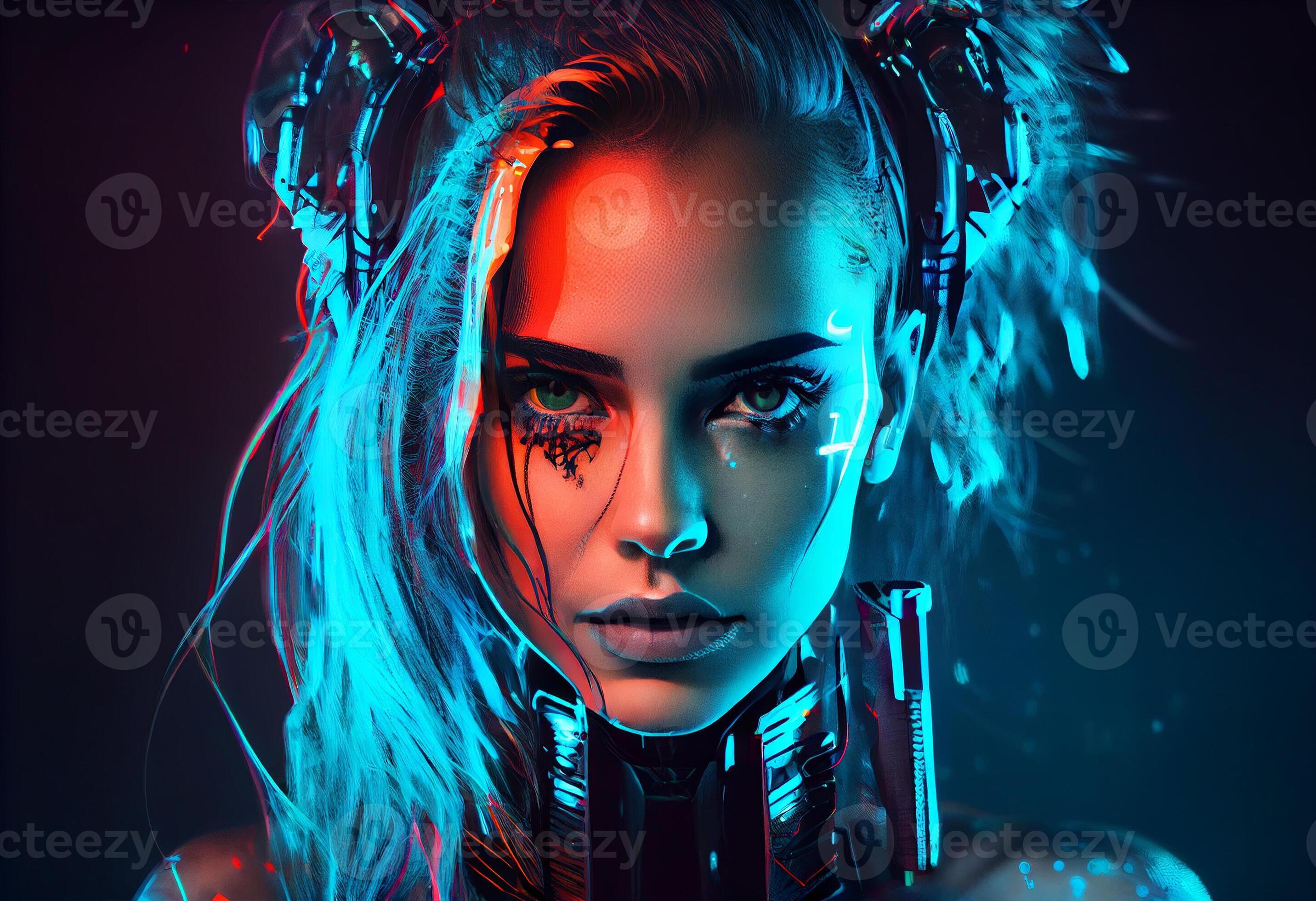 Intense Close-Up Edgy Woman with Blue Face Paint in Solarpunk Style, AI  Image, PoweredTemplate, 130183