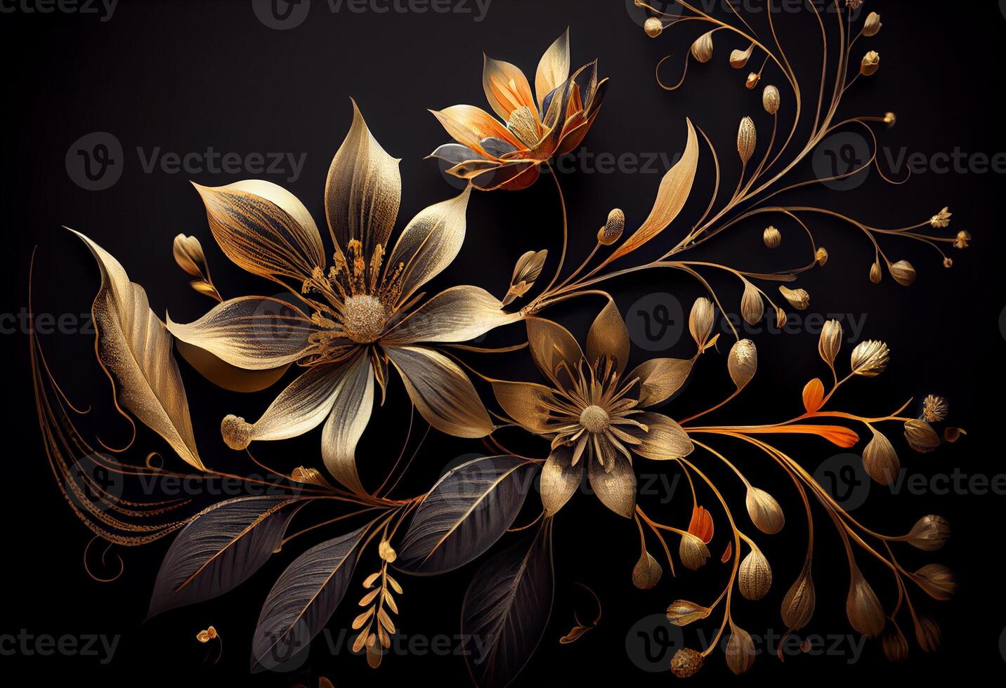 Photo golden flowers on black background elegant floral wallpaper. AI ...