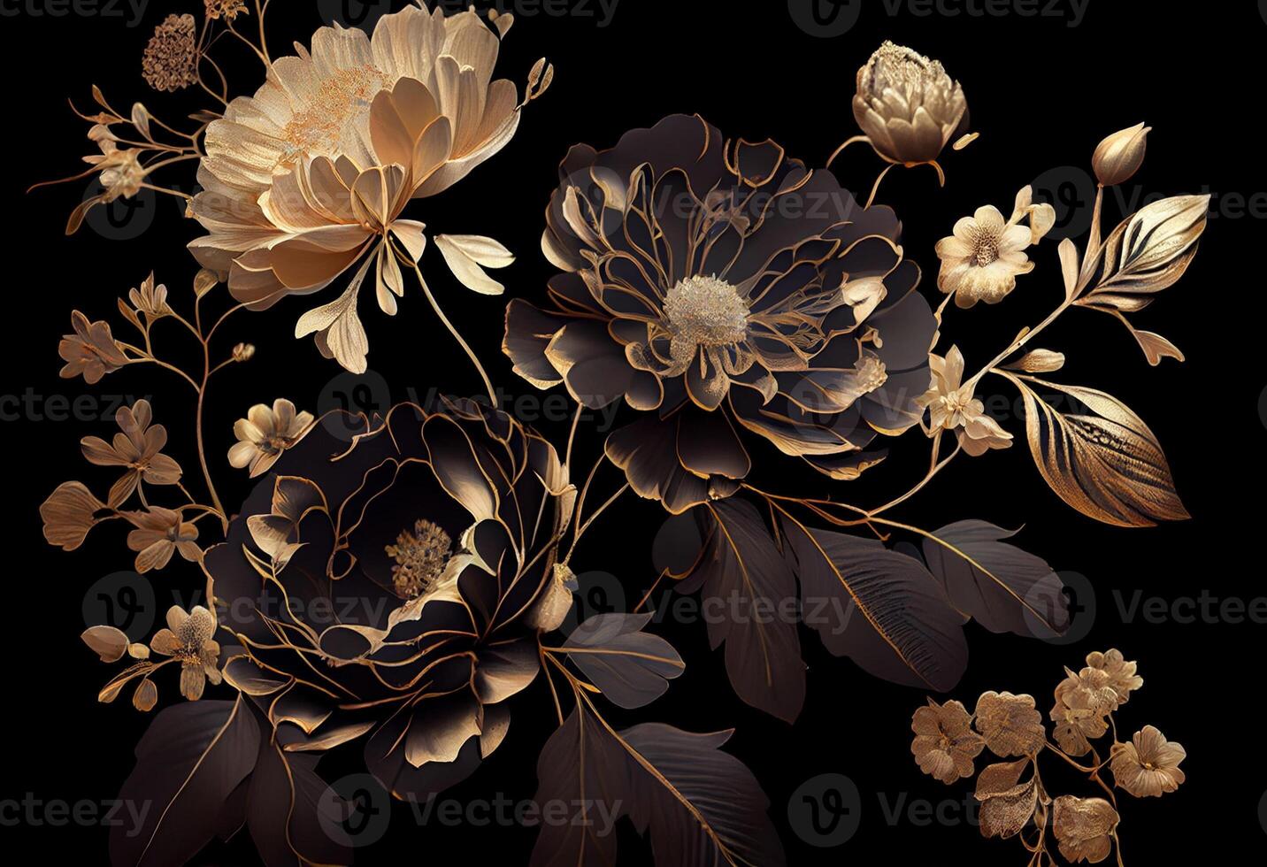 Photo golden flowers on black background elegant floral wallpaper. AI ...