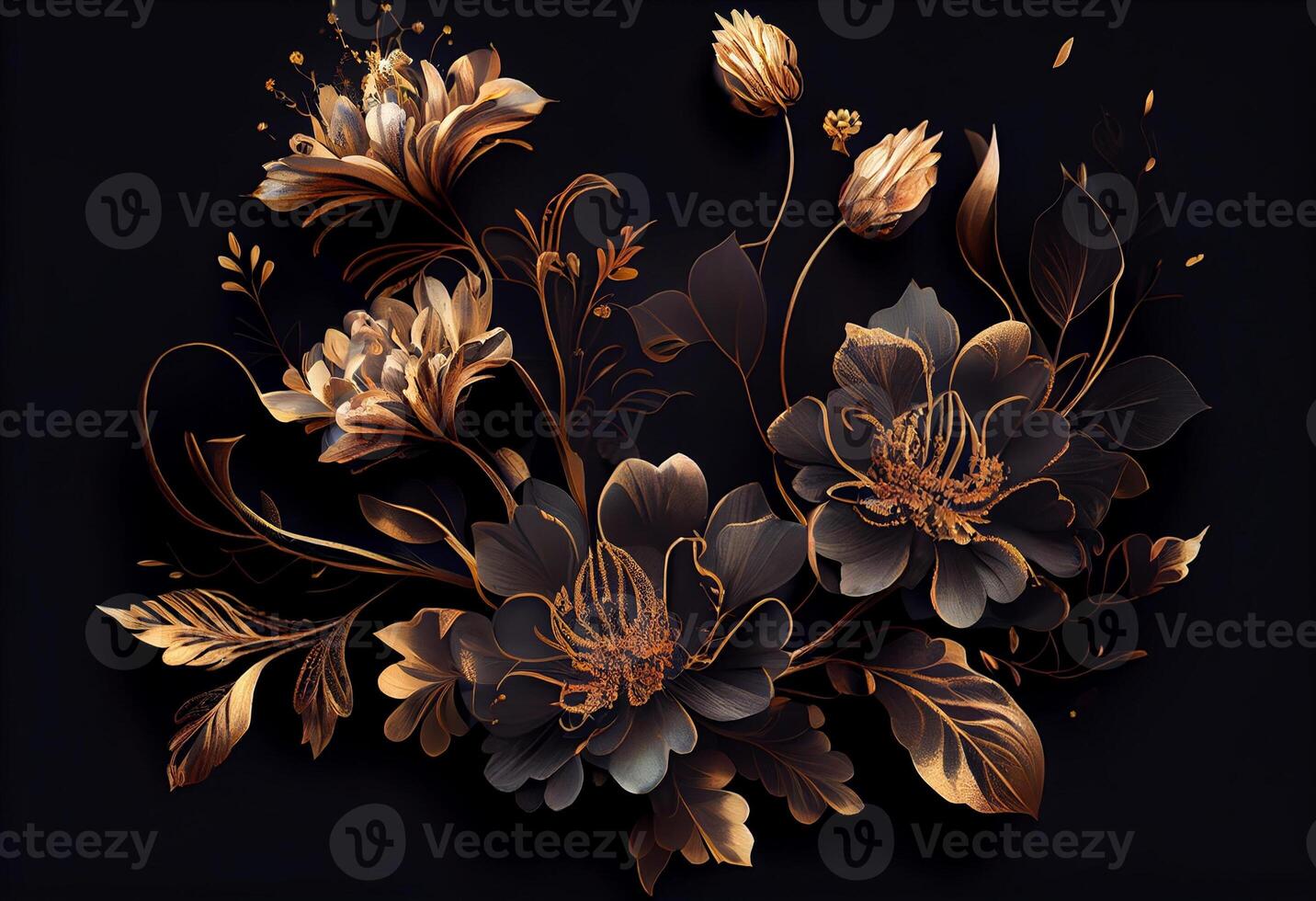 Photo golden flowers on black background elegant floral wallpaper. AI ...