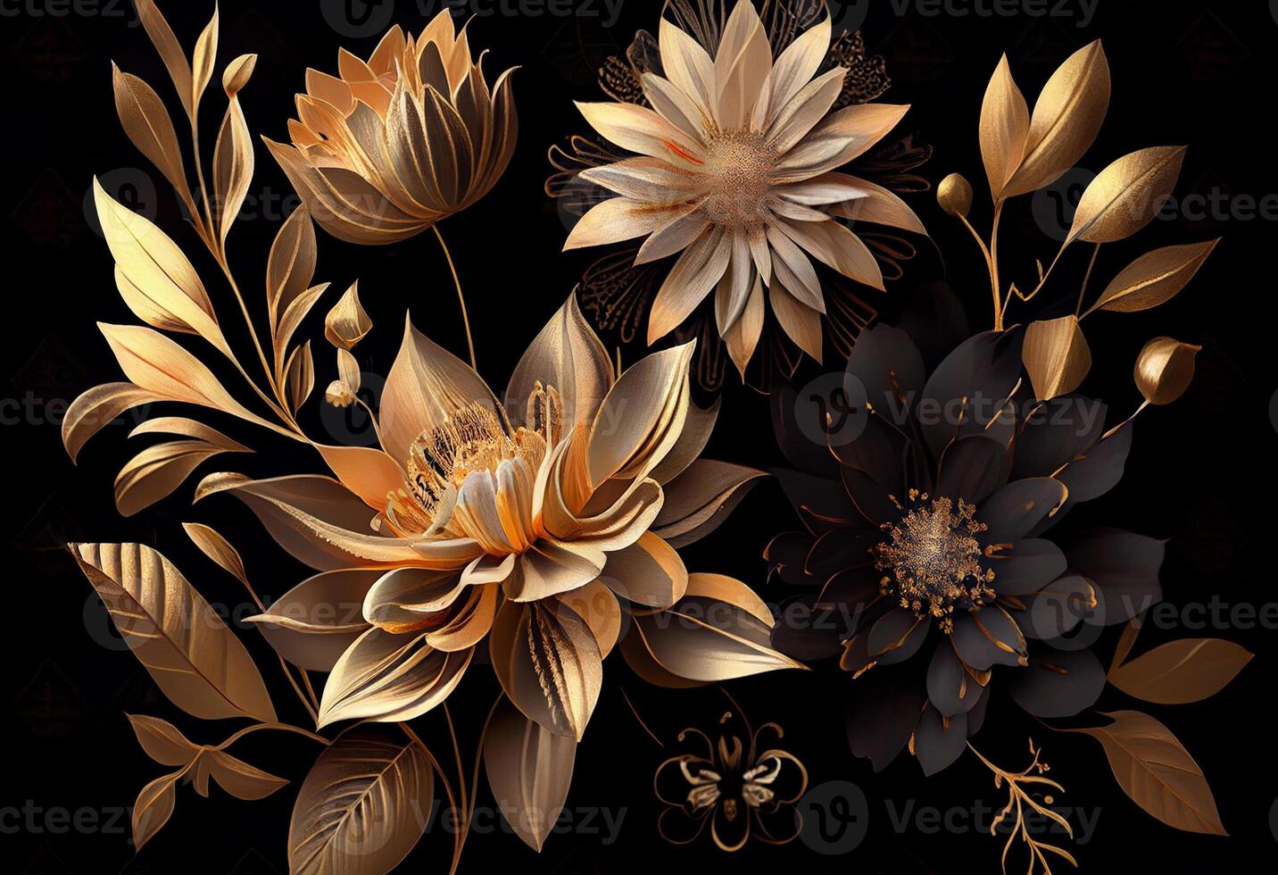 Photo golden flowers on black background elegant floral wallpaper. AI ...