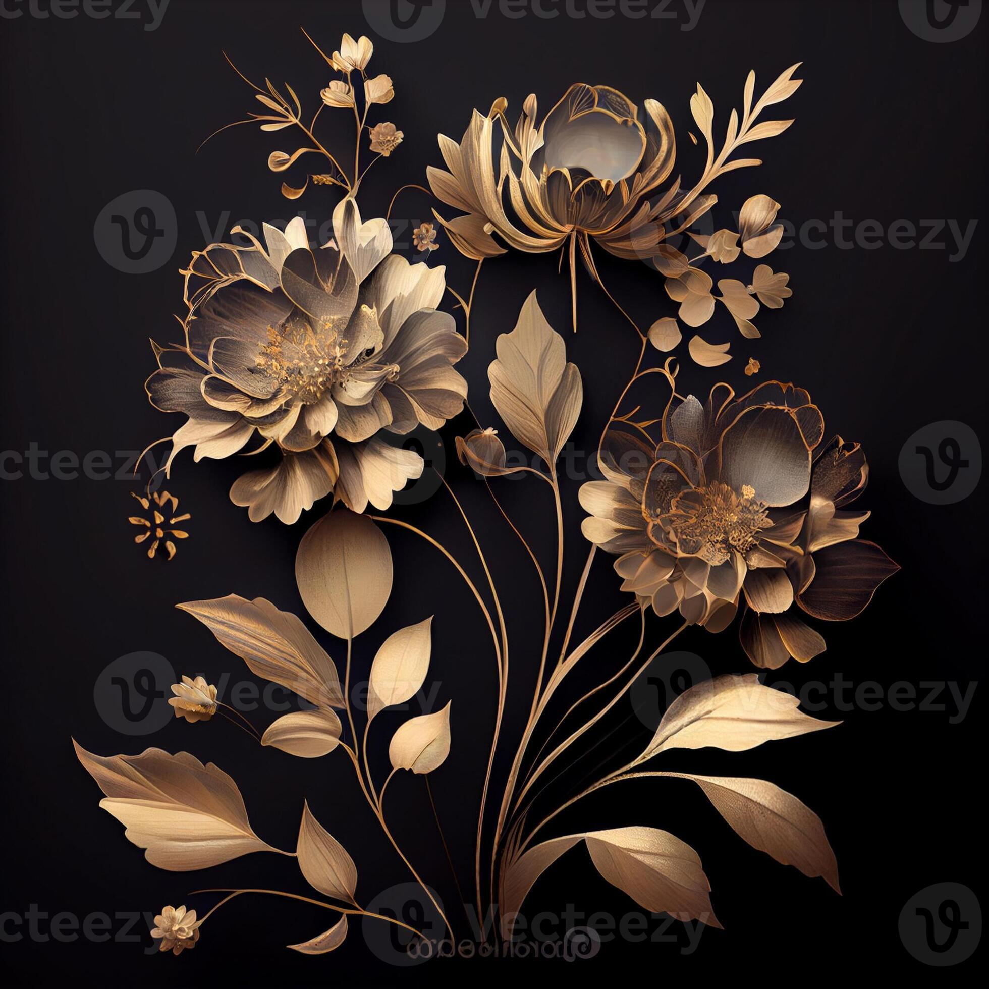 Photo golden flowers on black background elegant floral wallpaper. AI ...