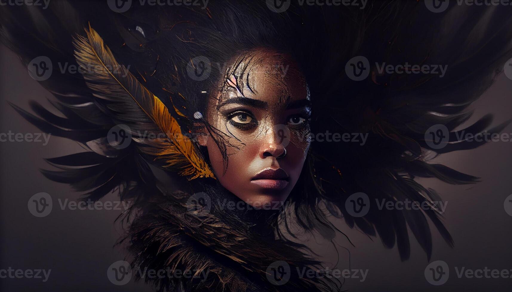 female face that stands out among the black goose feathers. . photo