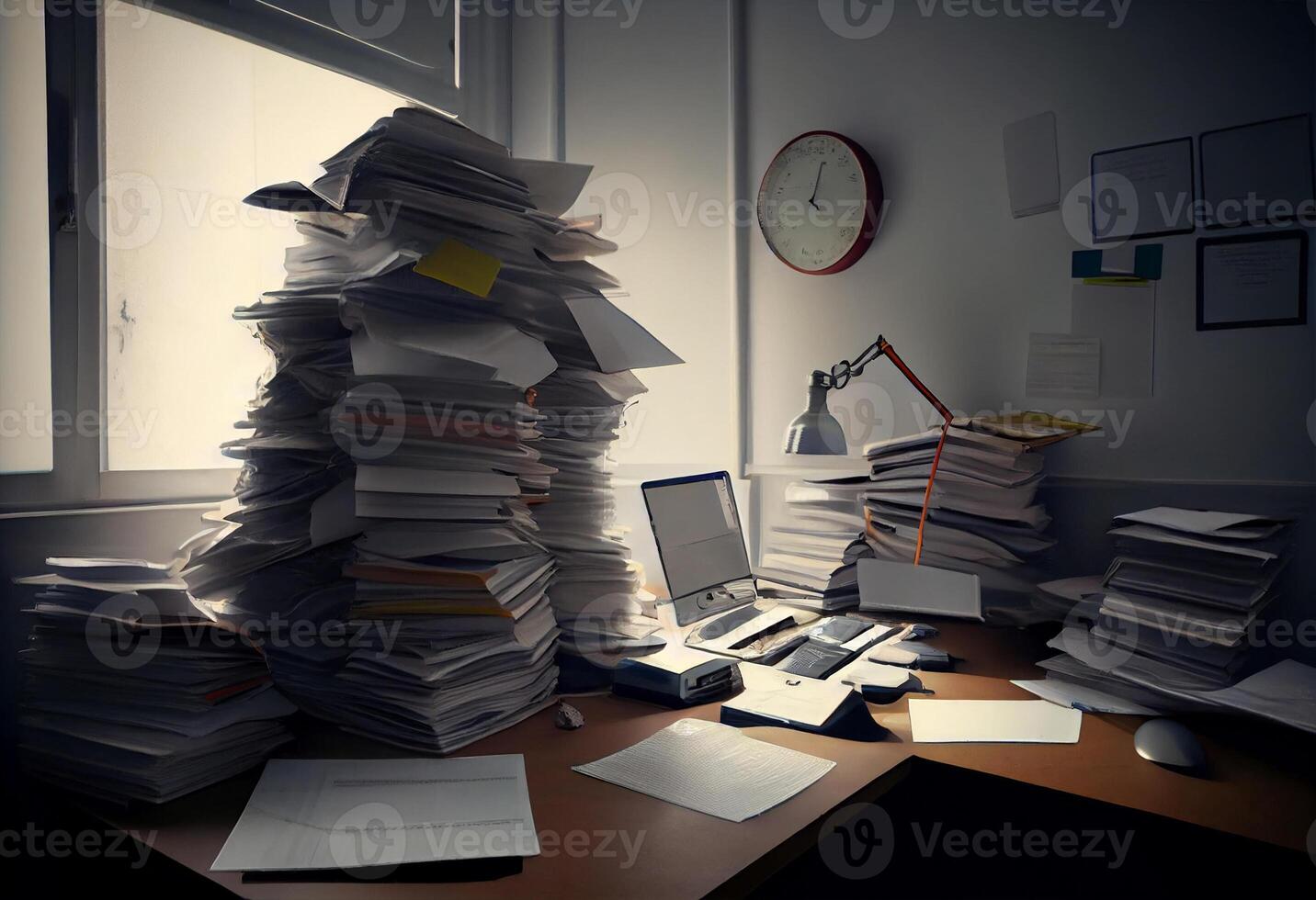 Large piles of files piled up on a desk, heavy workload. . photo