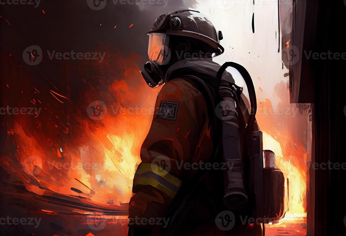 Firefighter seen from behind with a big fire in the background. . photo
