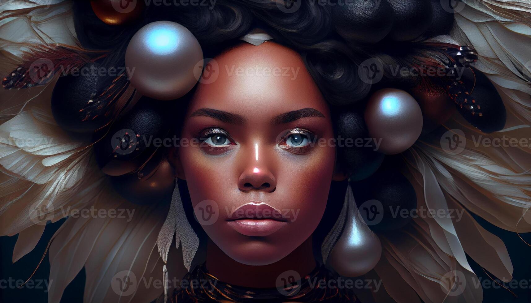 A beautiful black woman who appears in the midst of large pearls. . photo