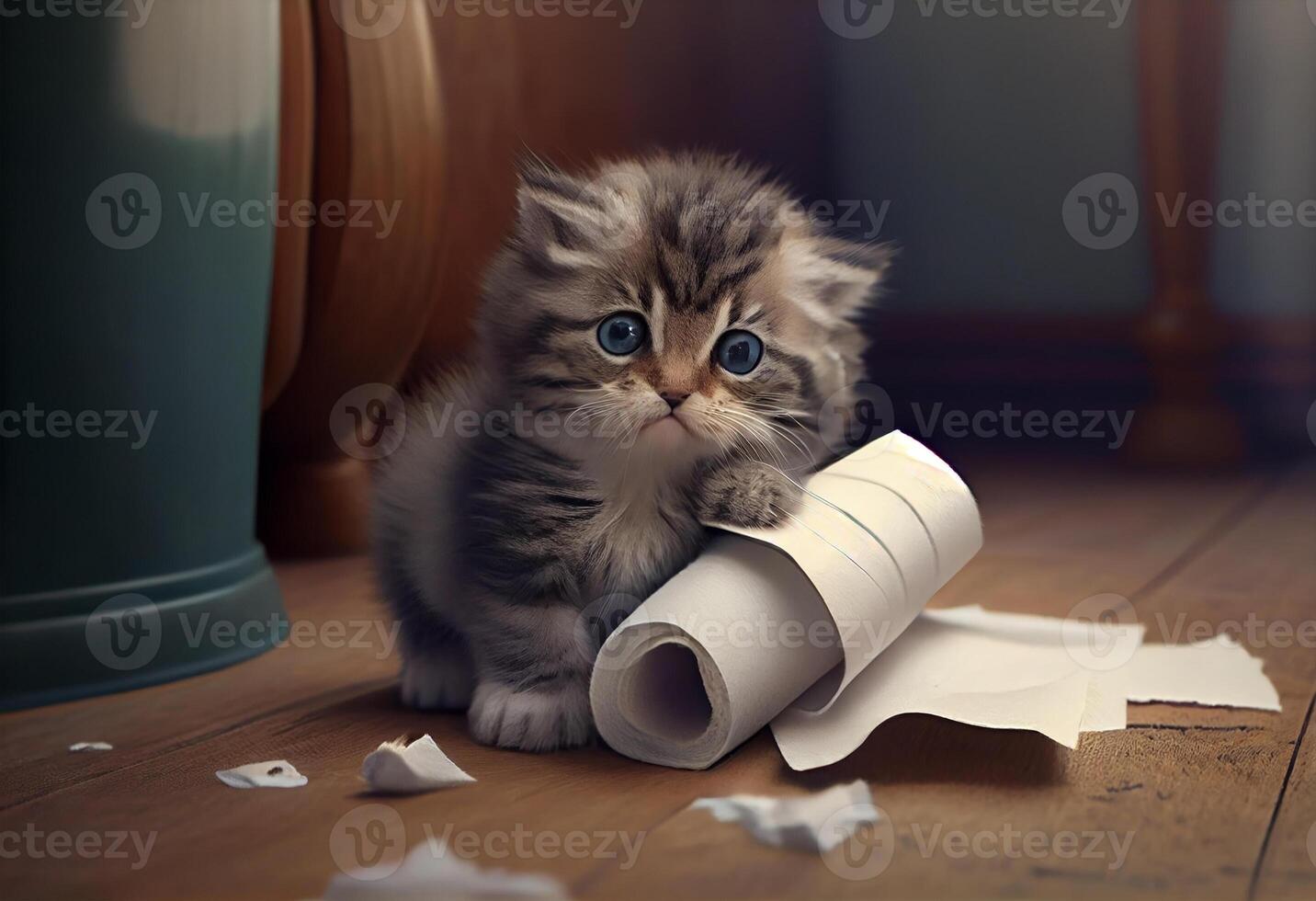 Cute kitten in the bathroom tore a pile of toilet paper on the floor. . photo