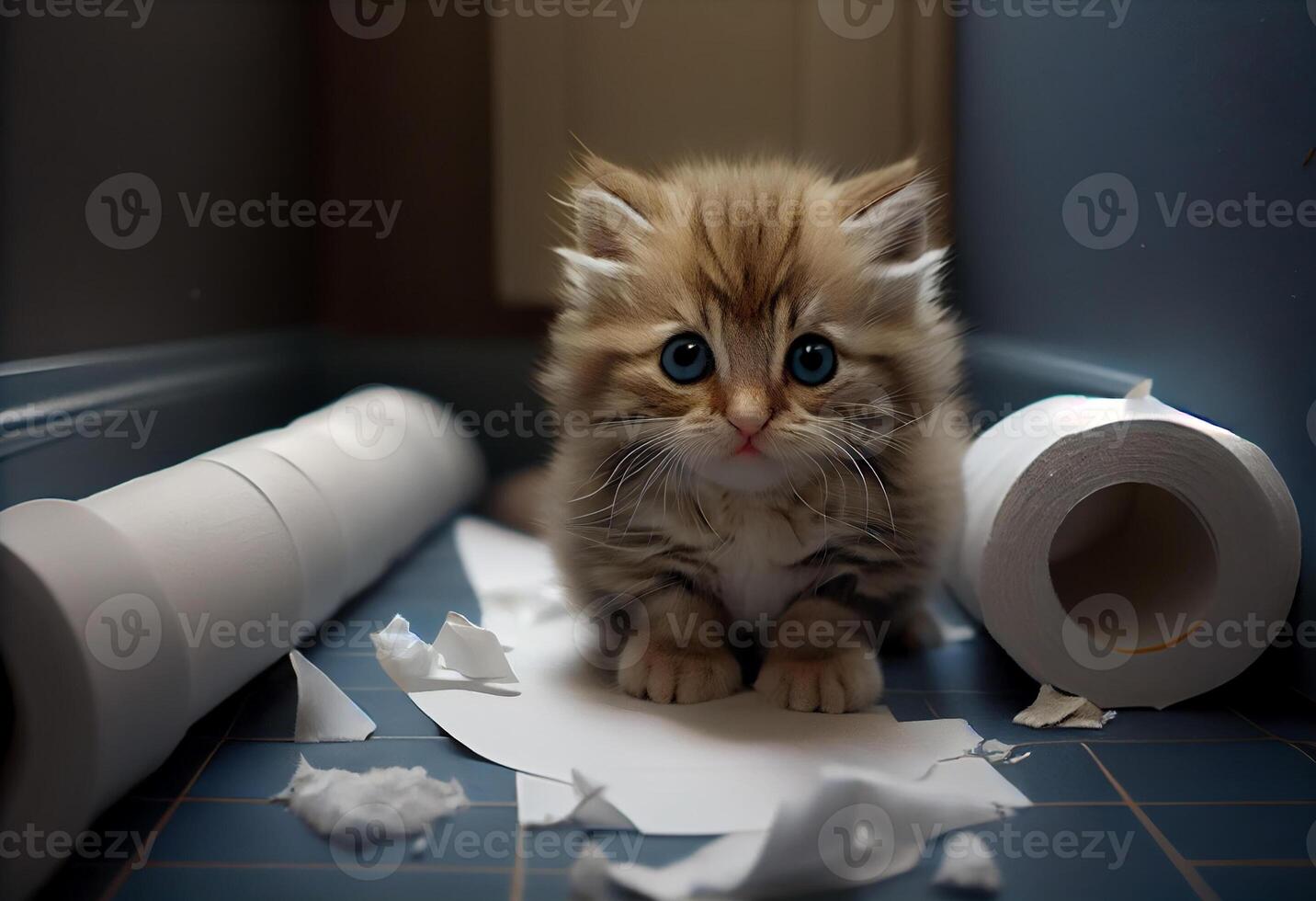 Cute kitten in the bathroom tore a pile of toilet paper on the floor. . photo