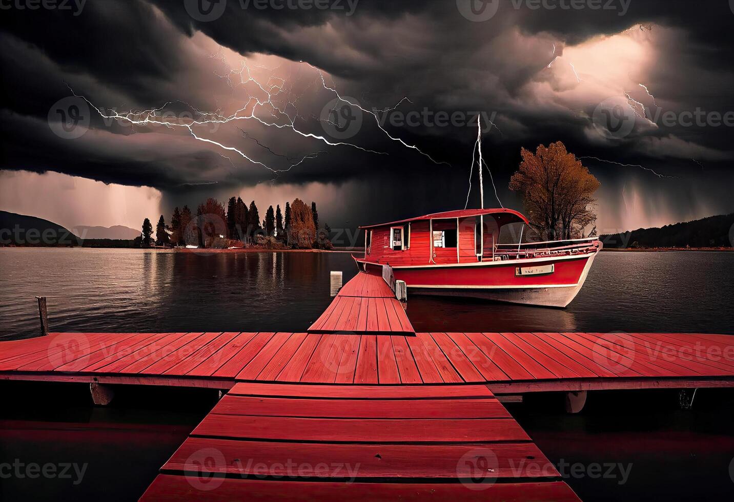 Red wooden boat on the lake near the wooden pier before the storm. Thunderclouds in the sky. . photo