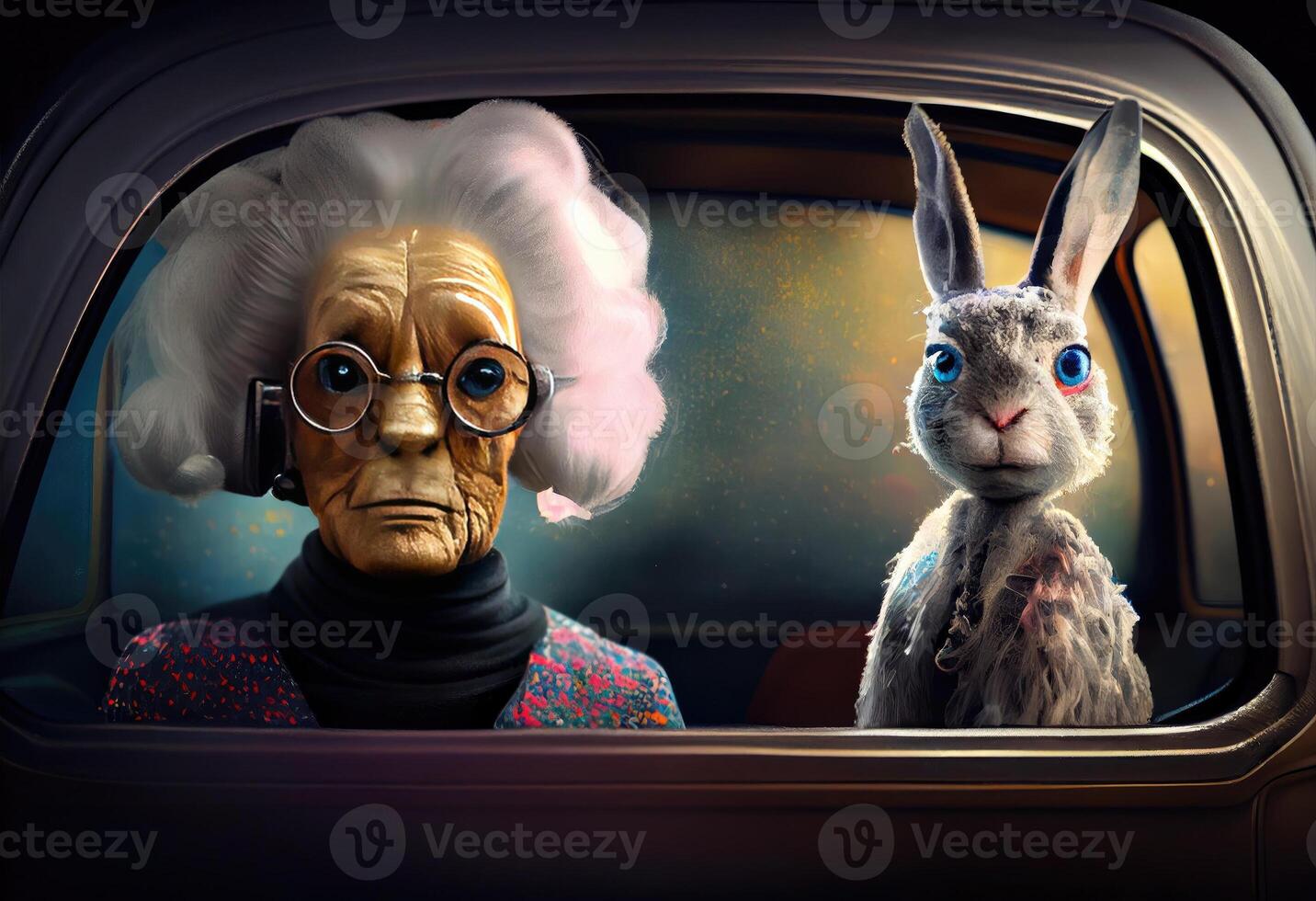 An old woman and a rabbit. Joke .. photo