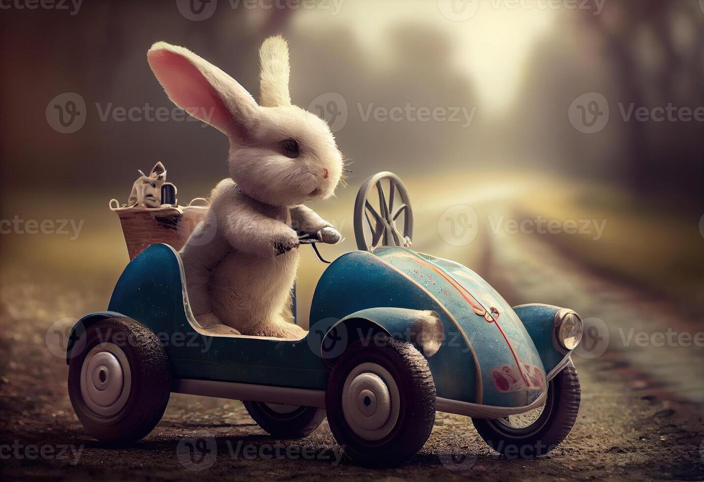 Easter excursion Easter bunny in a pedal car. . photo