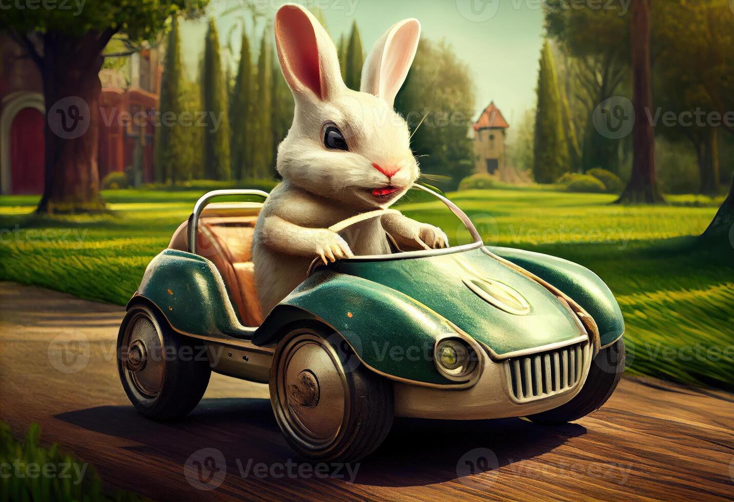 Easter excursion Easter bunny in a pedal car. . photo