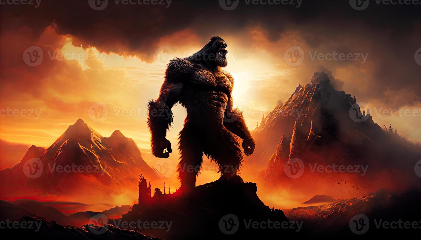 Ferocious King Kong on top of a mountain at sunset. . photo