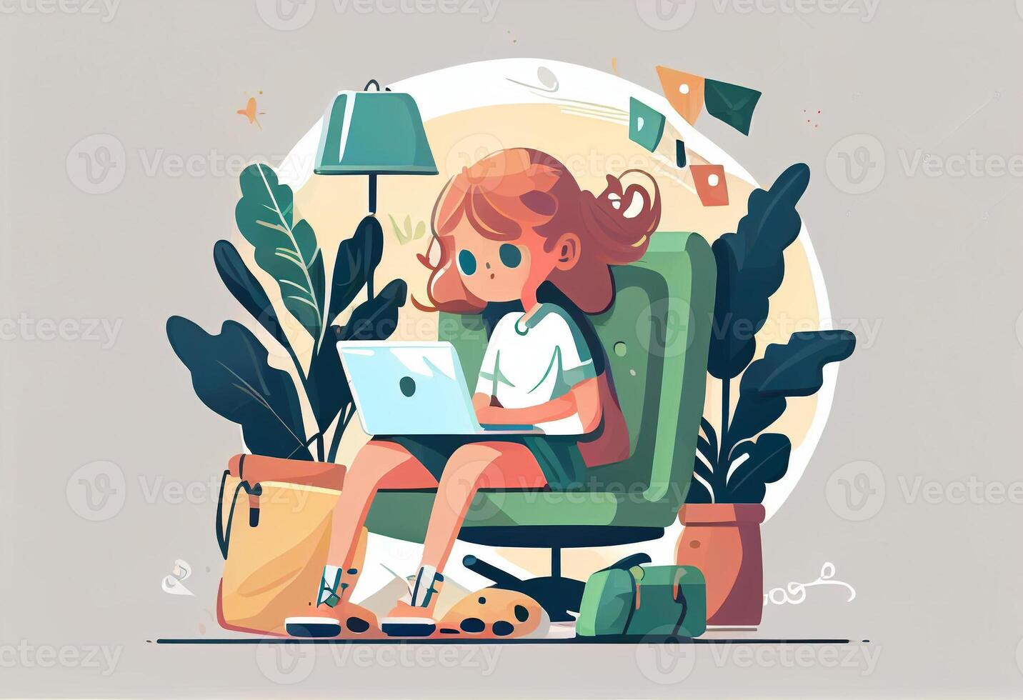 Girl with laptop sitting on the chair. Freelance or studying concept. . photo