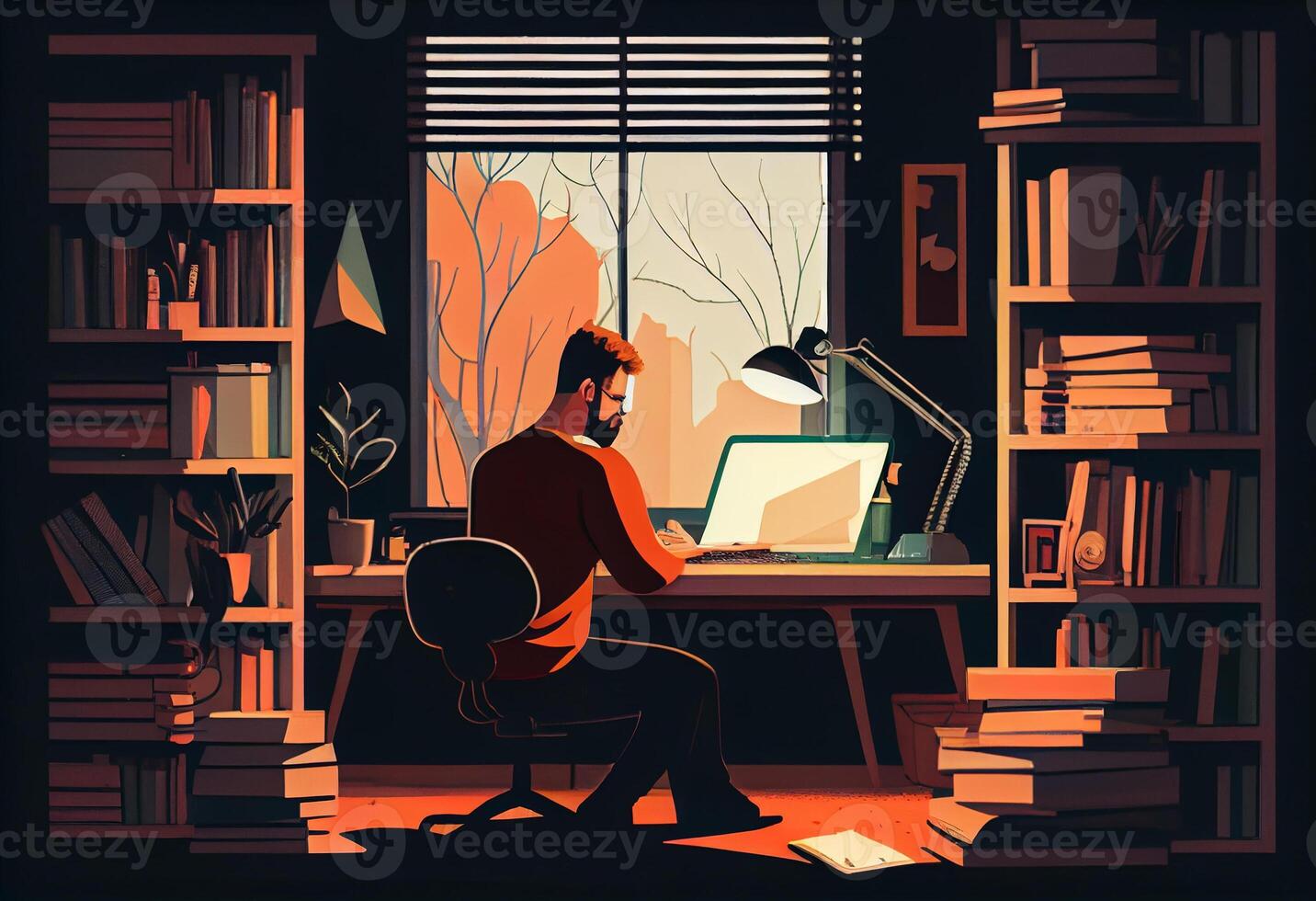 A freelancer man works behind a laptop. Home office workplace. . photo