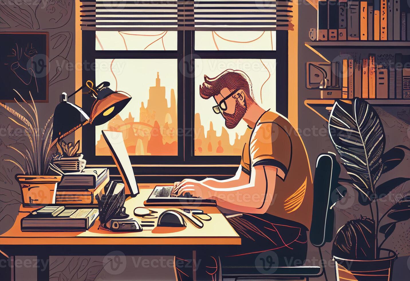 A freelancer man works behind a laptop. Home office workplace. . photo