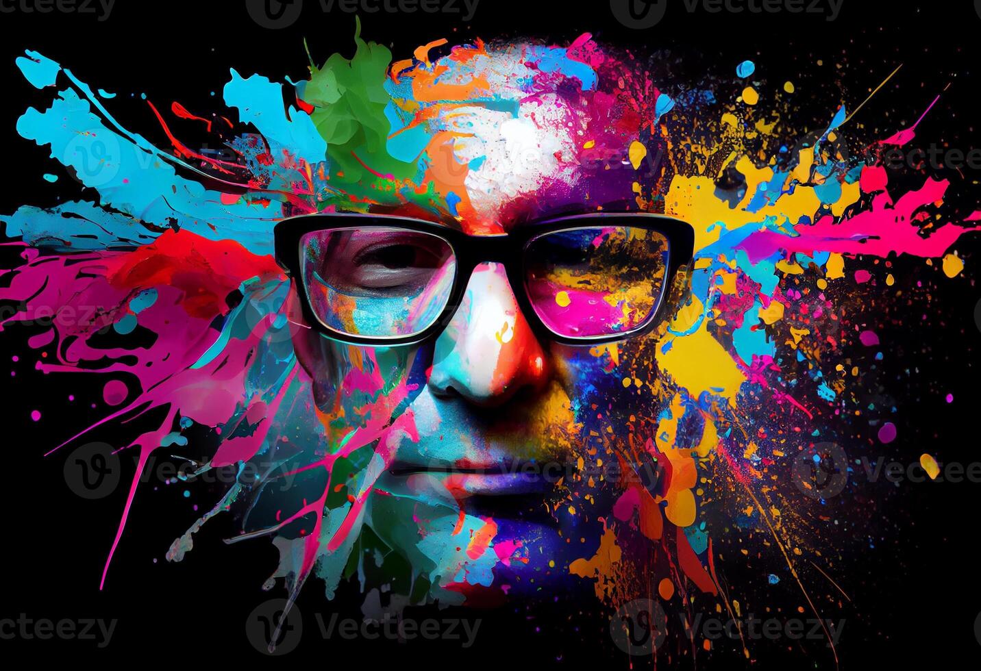 a person with glasses in rainbow color splash. . photo