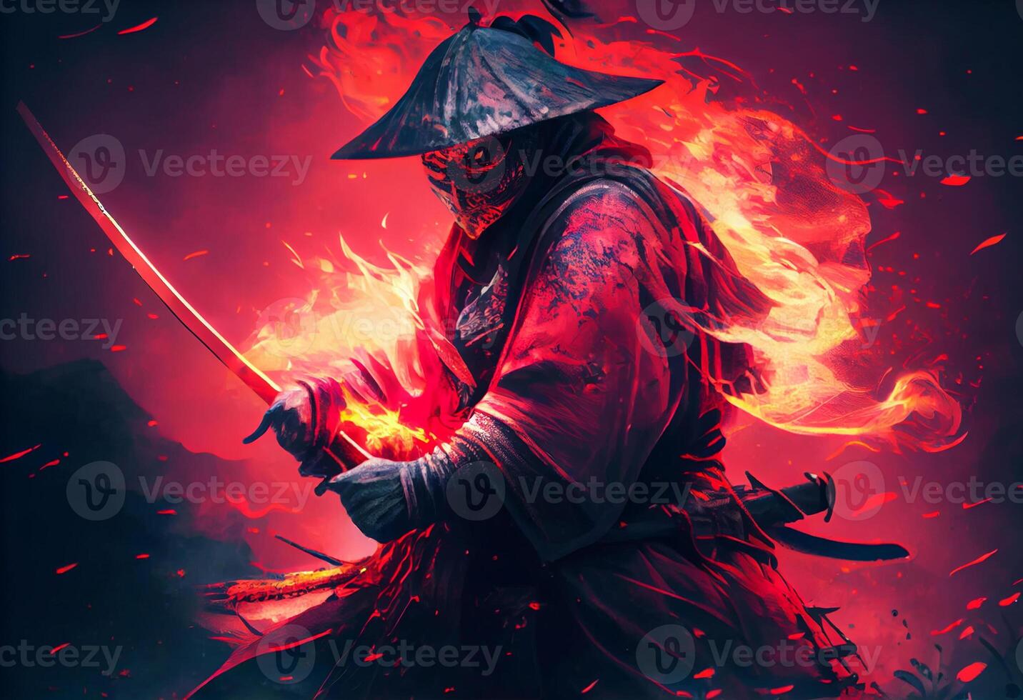 A samurai in a demonic red mask on the battlefield. . photo