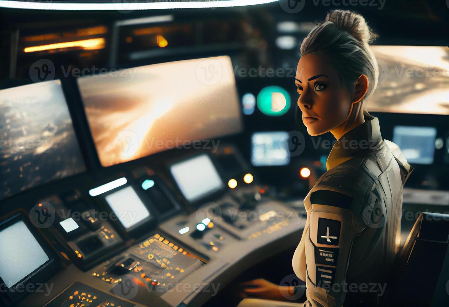 Captain stood on the bridge of the spaceship. . photo