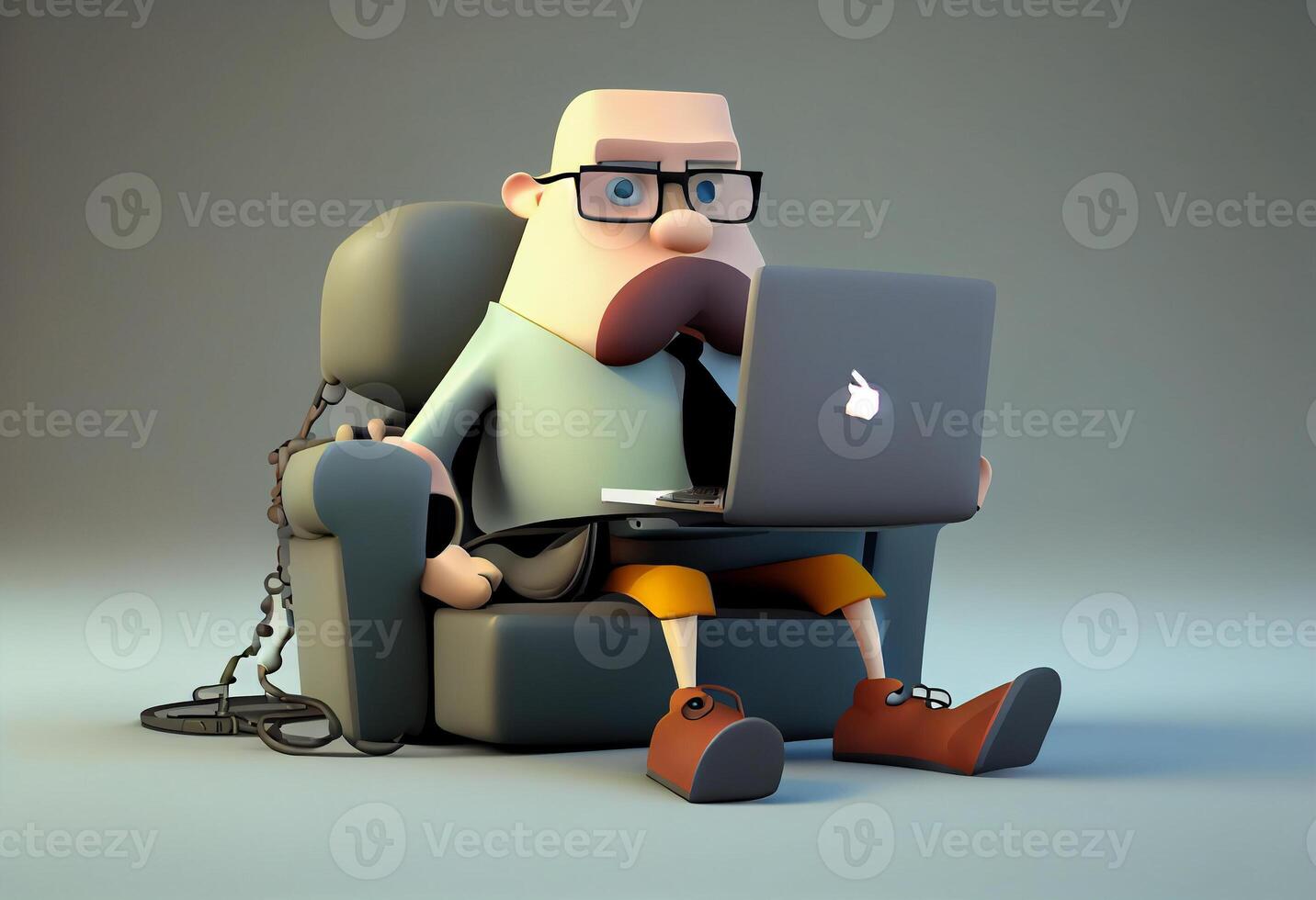 Cartoon character businessman sitting in a chair with laptop. 3d illustration. . photo