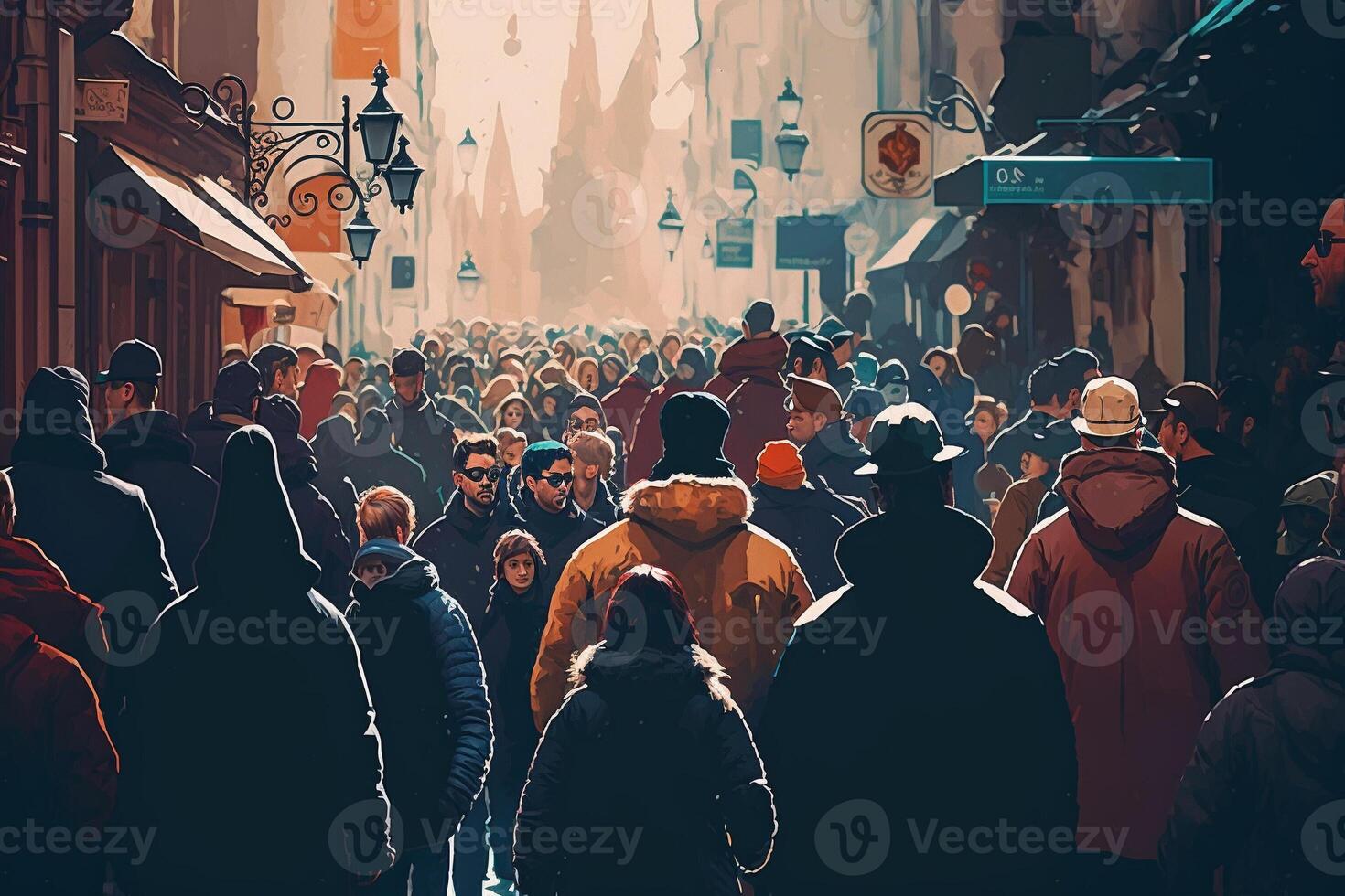 Crowd of people walking street. . photo