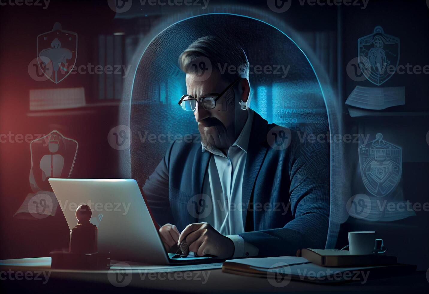 Cyber security system, data protection, digital technology. Businessman working on laptop. . photo