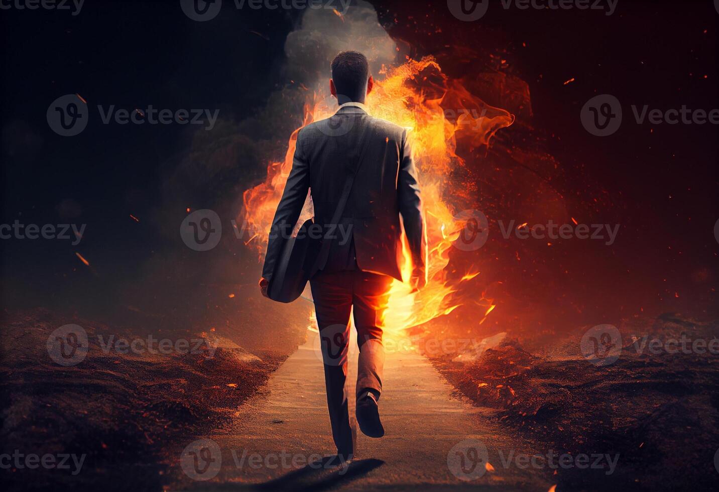 Determined businessman on his way to success go to the fire trails. . photo