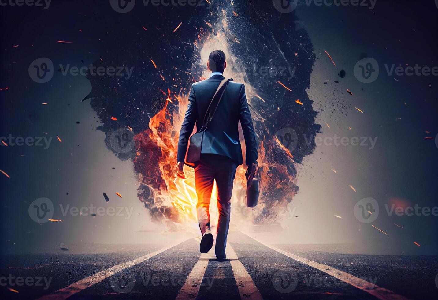 Determined businessman on his way to success go to the fire trails. . photo