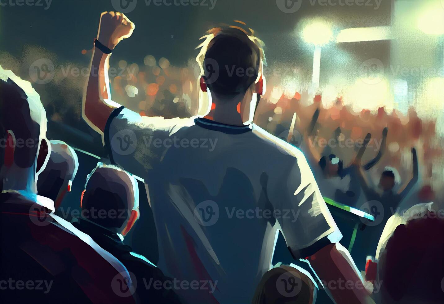 Back view of football, soccer fans cheering their team stadium at evening time.. . photo