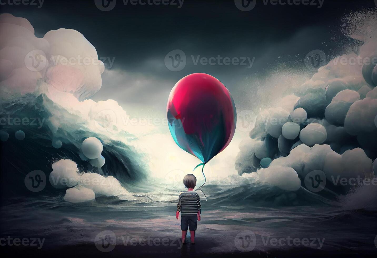 Digital illustration painting of child holding balloons standing in front of fantasy storm, sea. . photo