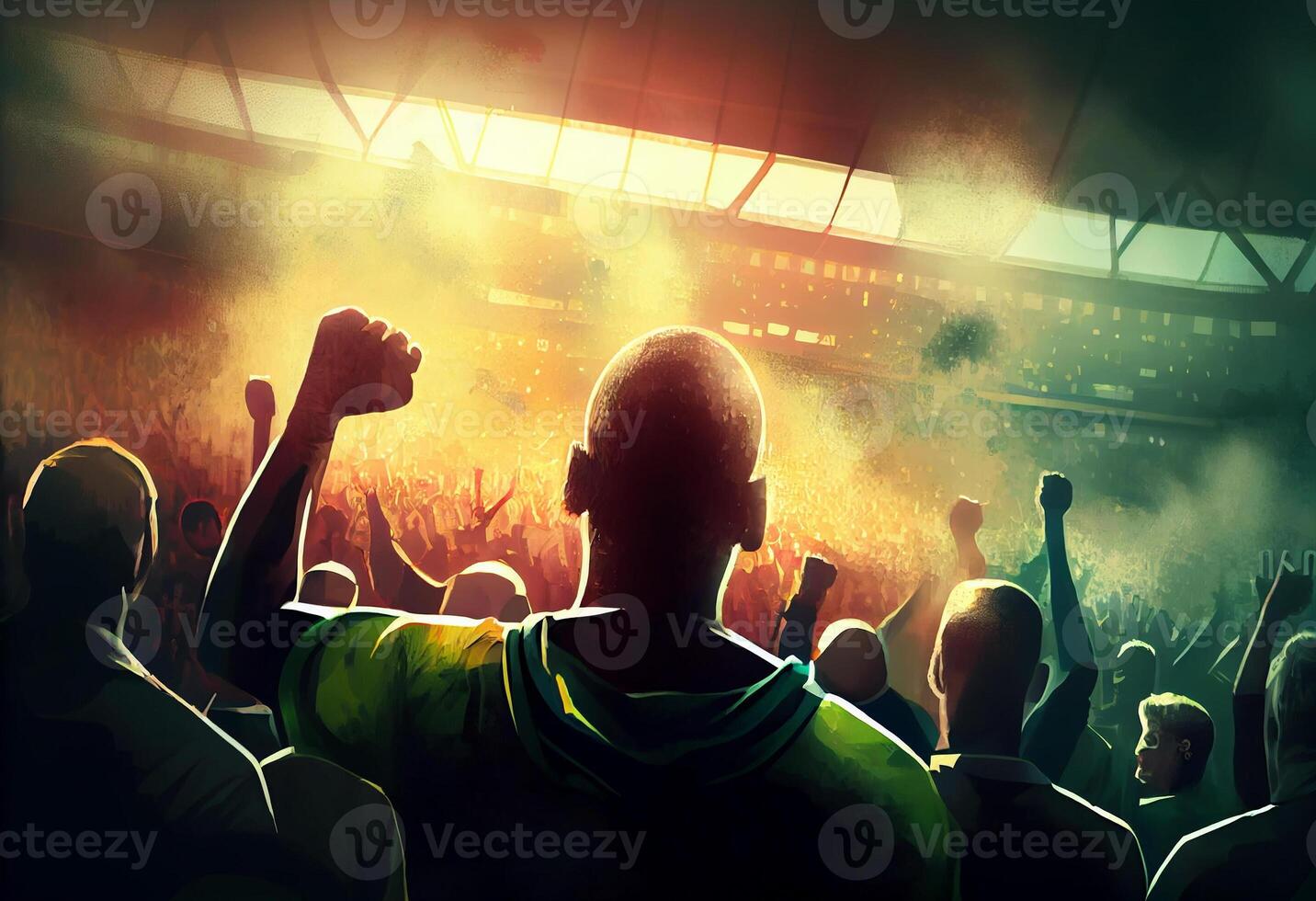 Back view of football, soccer fans cheering their team stadium at evening time.. . photo