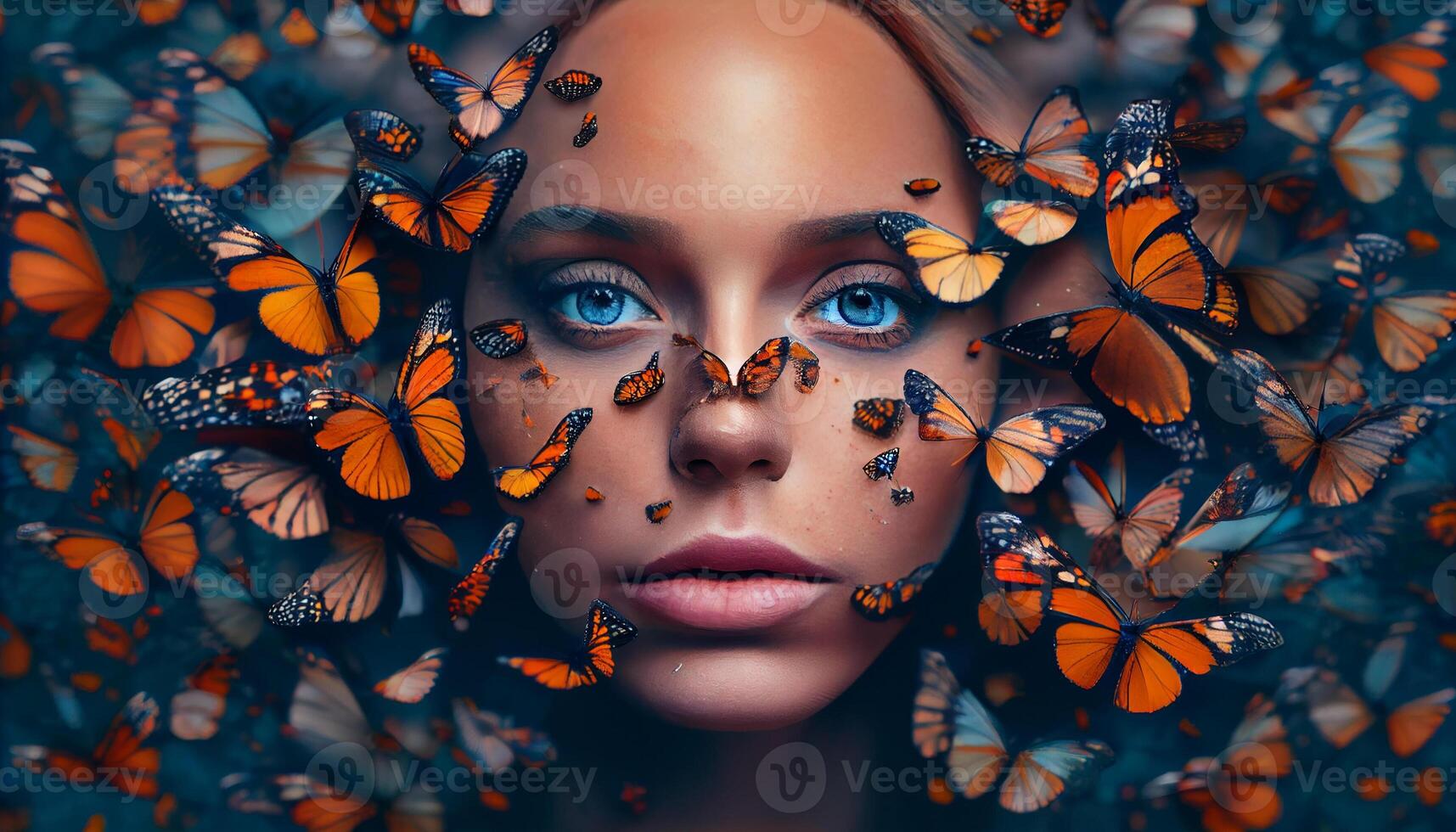 Woman's face sticking out in the middle of a full group of butterflies. . photo