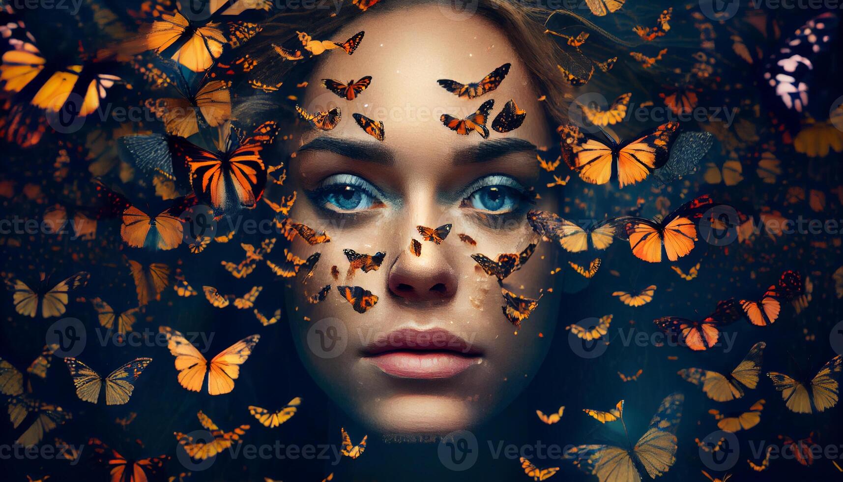 Woman's face sticking out in the middle of a full group of butterflies. . photo