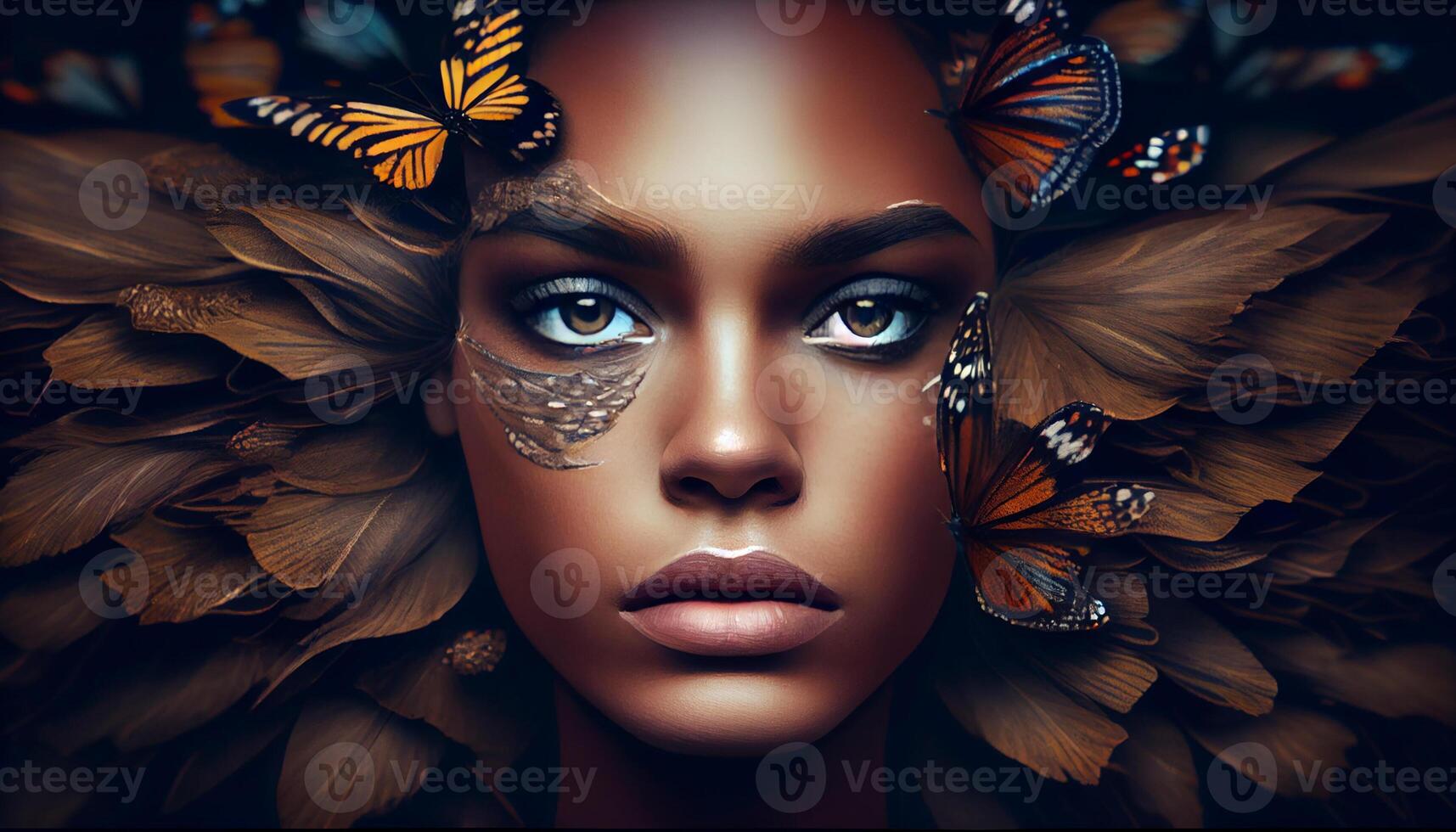 Woman's face sticking out in the middle of a full group of butterflies. . photo