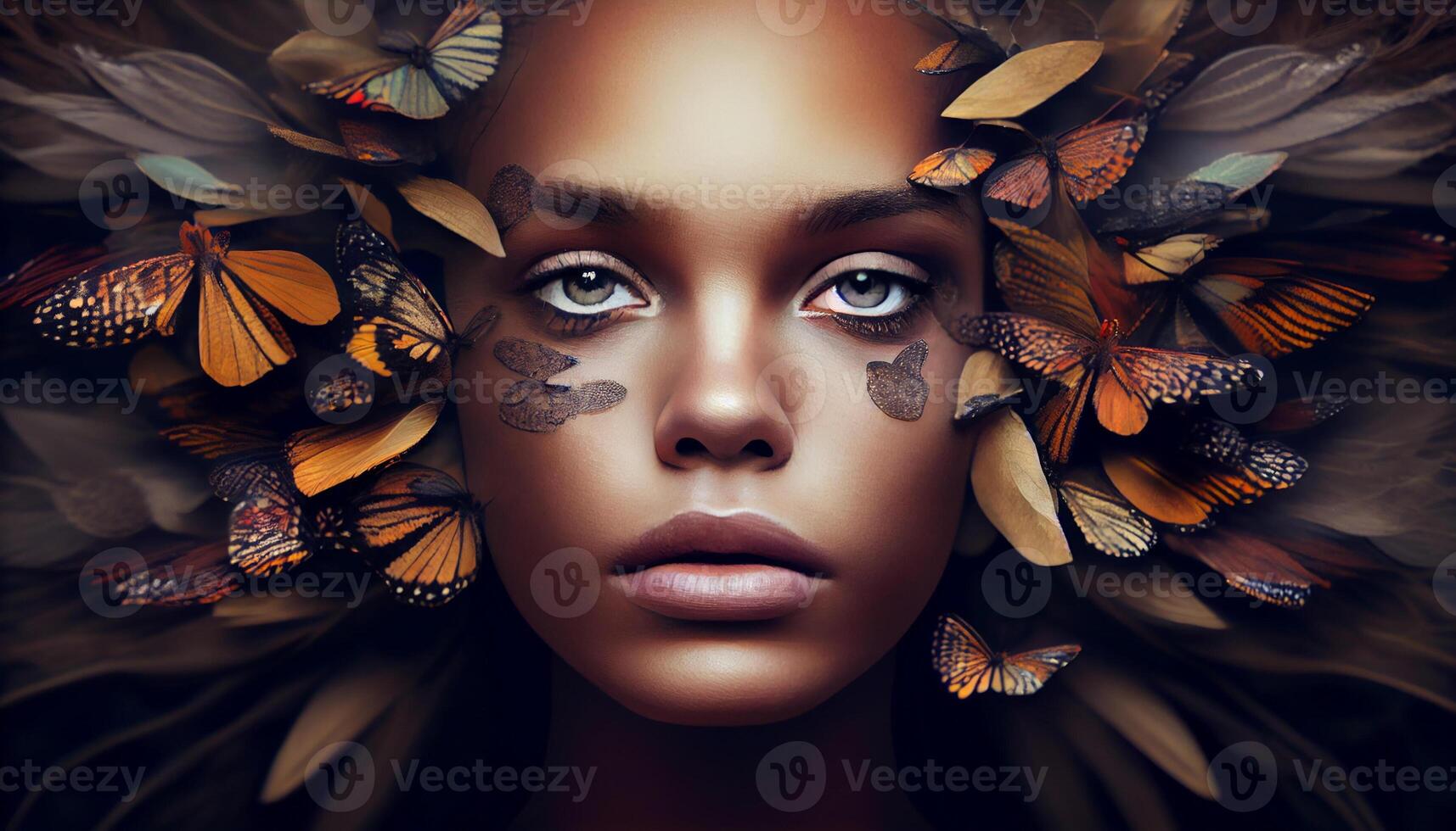 Woman's face sticking out in the middle of a full group of butterflies. . photo
