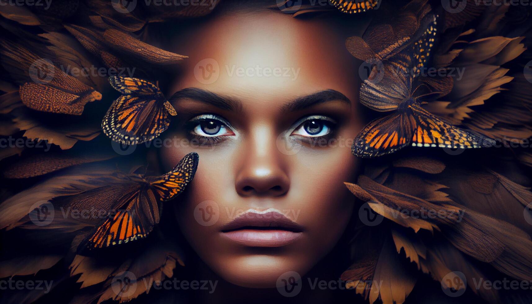 Woman's face sticking out in the middle of a full group of butterflies. . photo