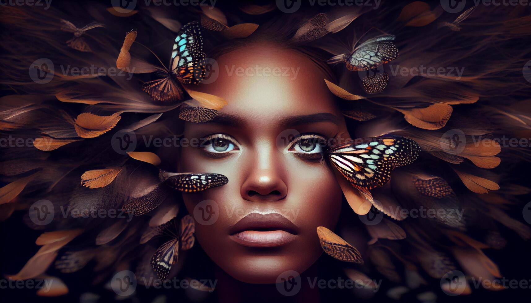 Woman's face sticking out in the middle of a full group of butterflies. . photo