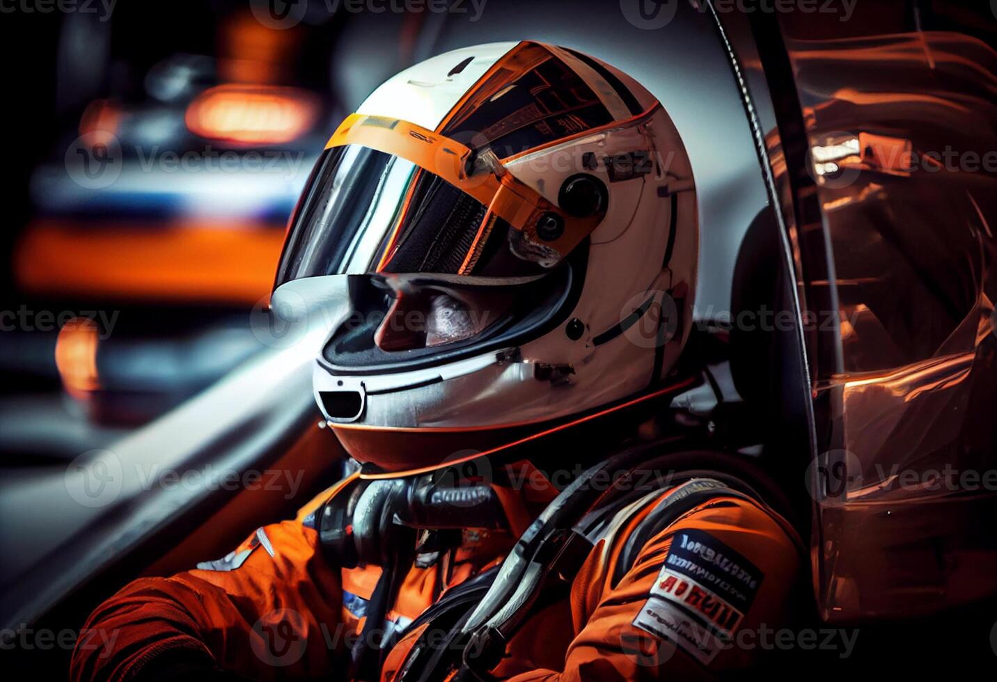 F1 driver inside his car with the helmet and the competition suit prepared for the race. . photo