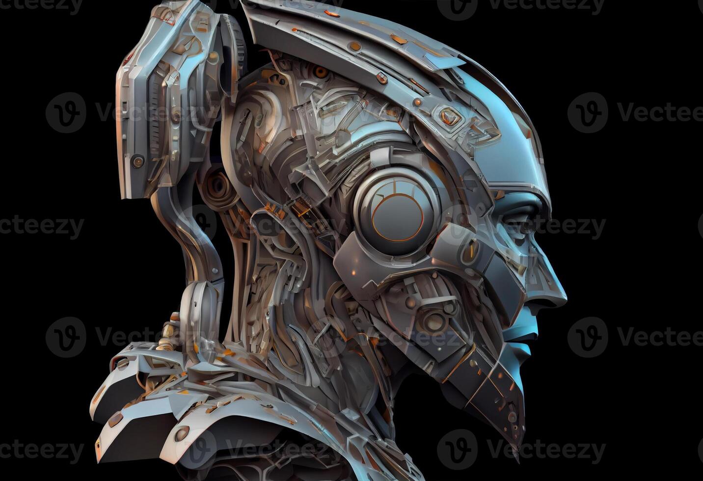 Futuristic robot or cyborg head in profile. Isolated on black background. . photo