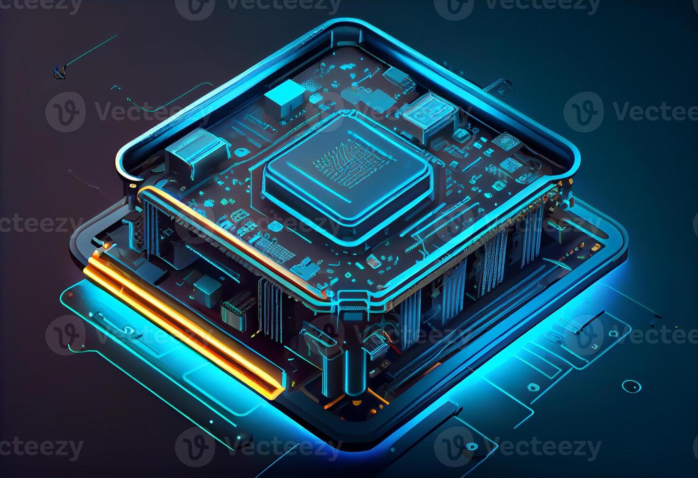 Futuristic blue neon microchip, data exchange and collection. . photo