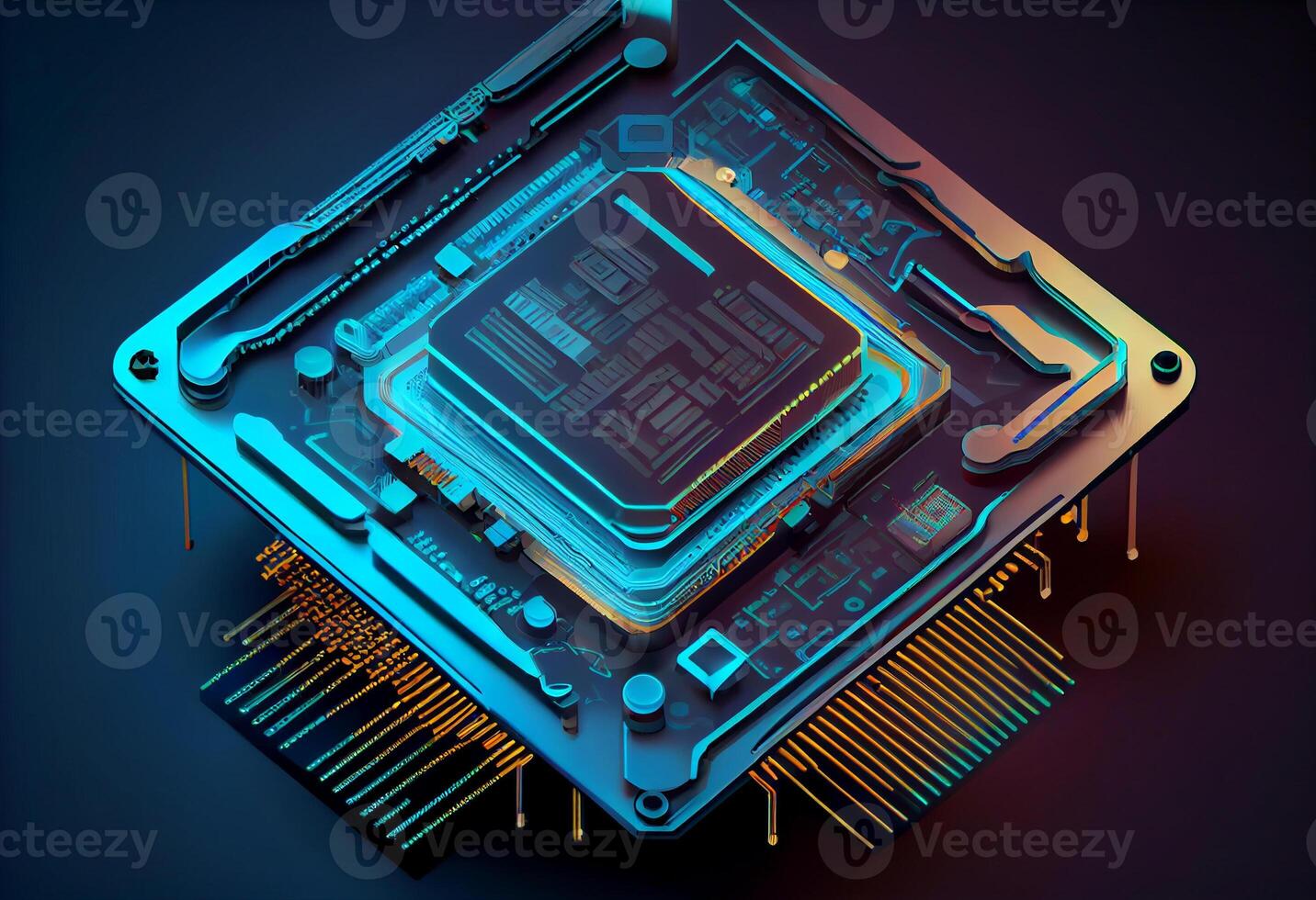 Futuristic blue neon microchip, data exchange and collection. . photo