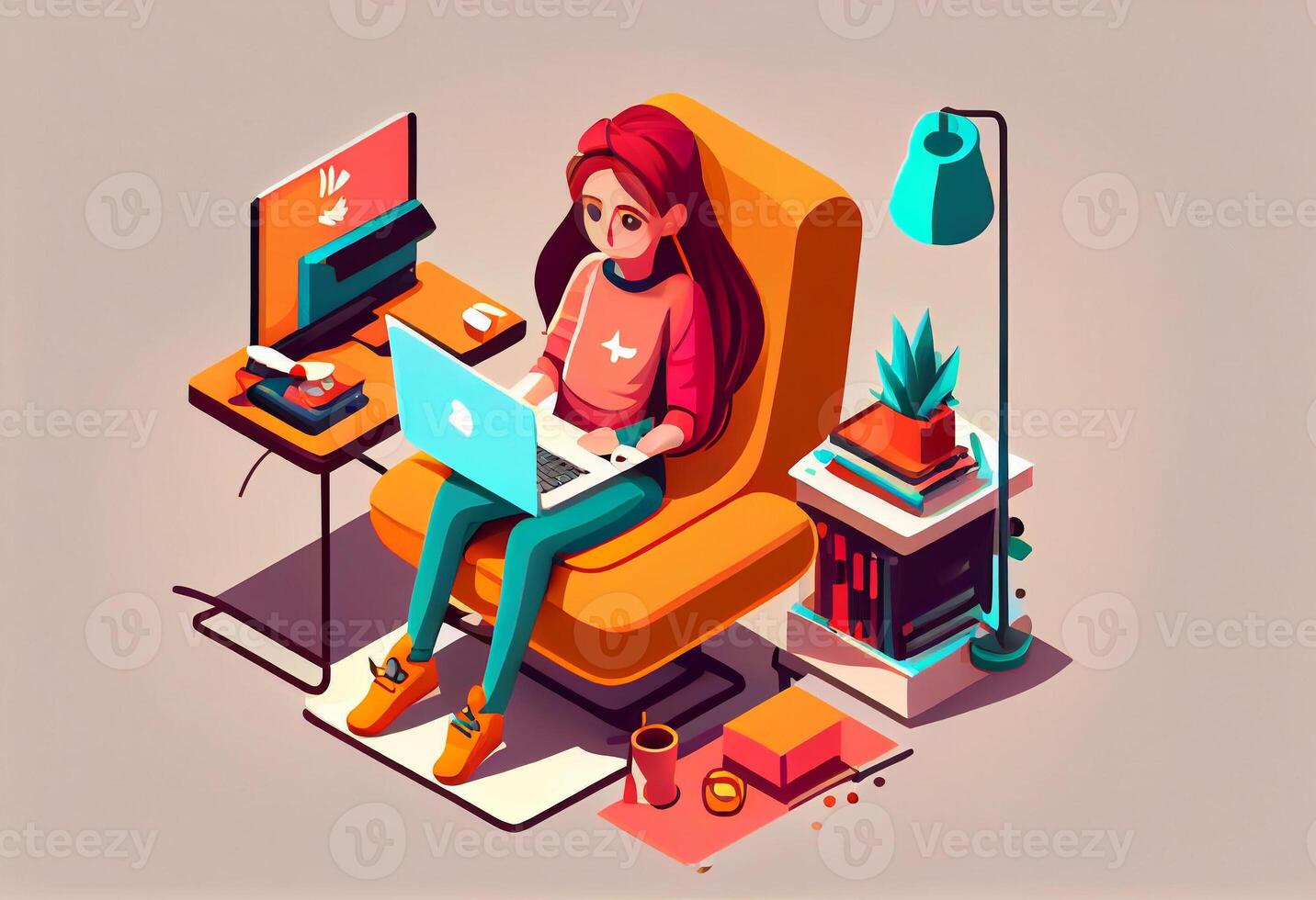 Girl with laptop sitting on the chair. Freelance or studying concept. . photo