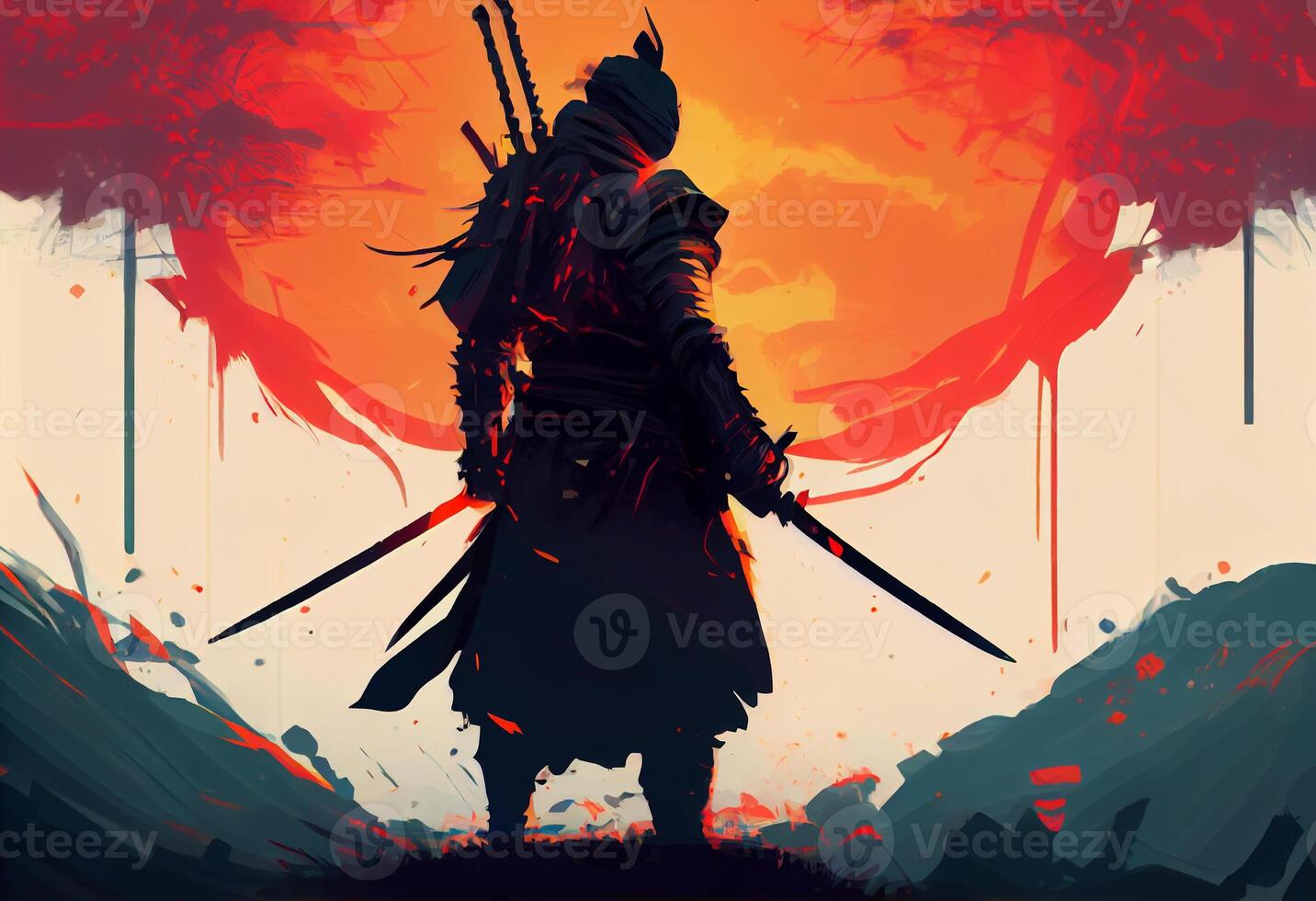 illustration painting A samurai with a katana stands ready to fight against a huge army.. . photo