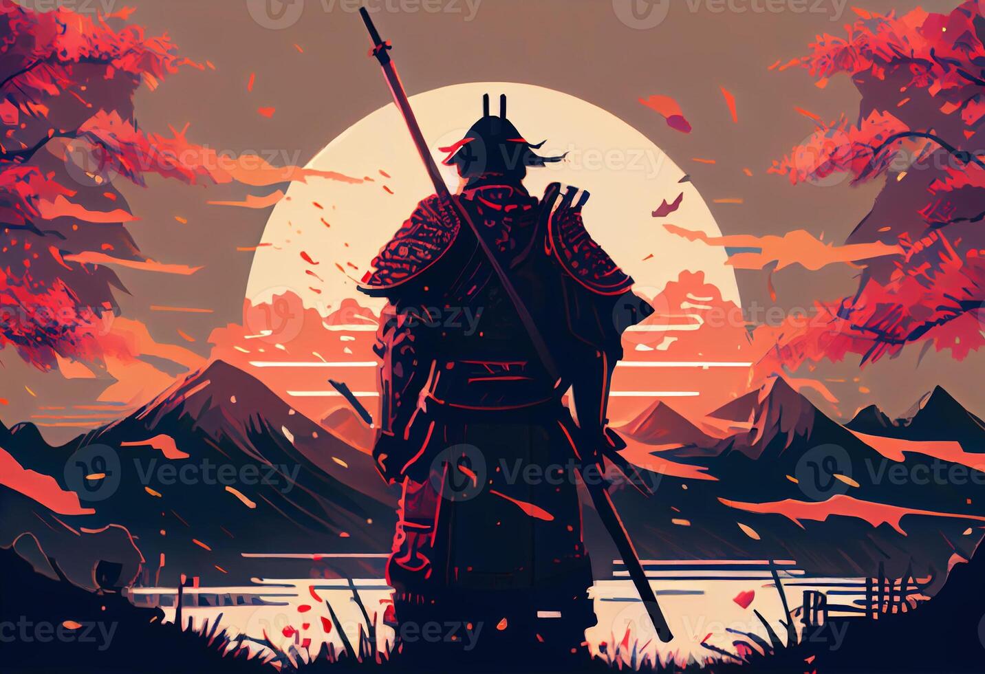 illustration painting A samurai with a katana stands ready to fight against a huge army.. . photo
