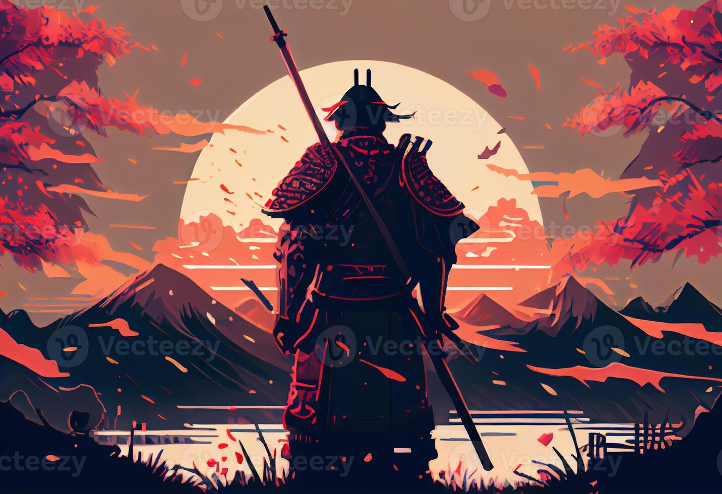 ilustración pintura un samurai con un katana soportes Listo a lucha en contra un enorme ejército.. ai generado. foto