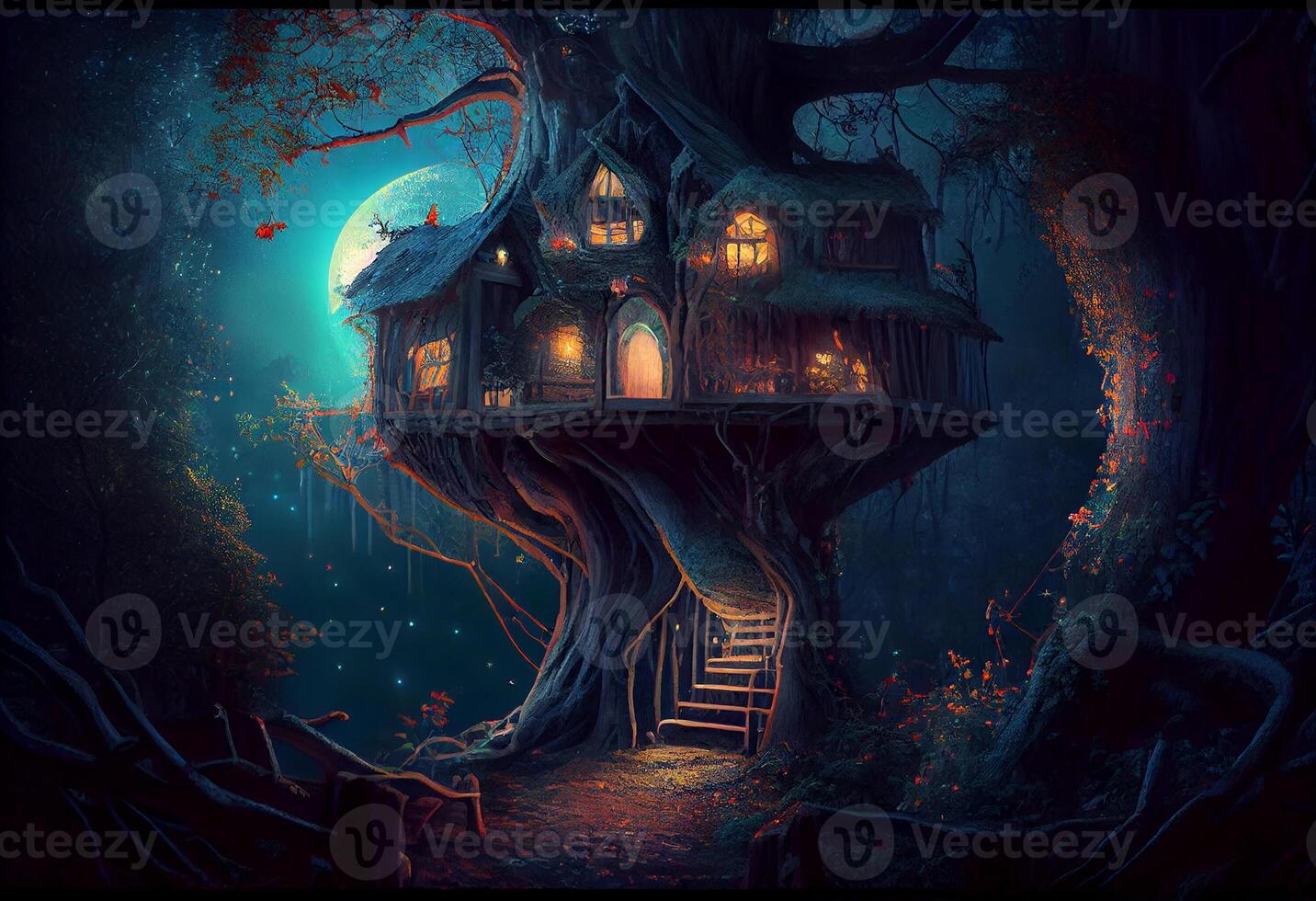 magical fantasy fairy tale scenery of tree house at night in a forest. . photo