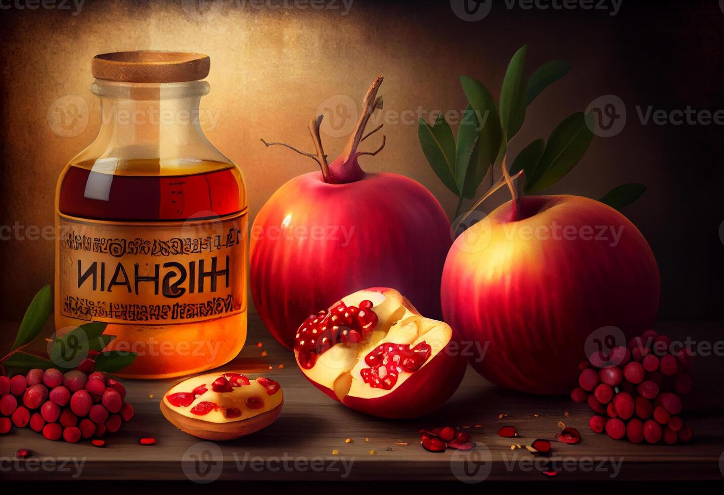 Rosh hashana jewish holiday concept - apples, honey, pomegranat . . photo