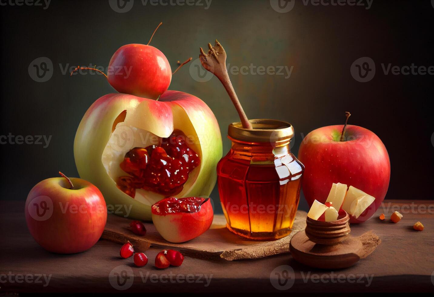 Rosh hashana jewish holiday concept - apples, honey, pomegranat . . photo