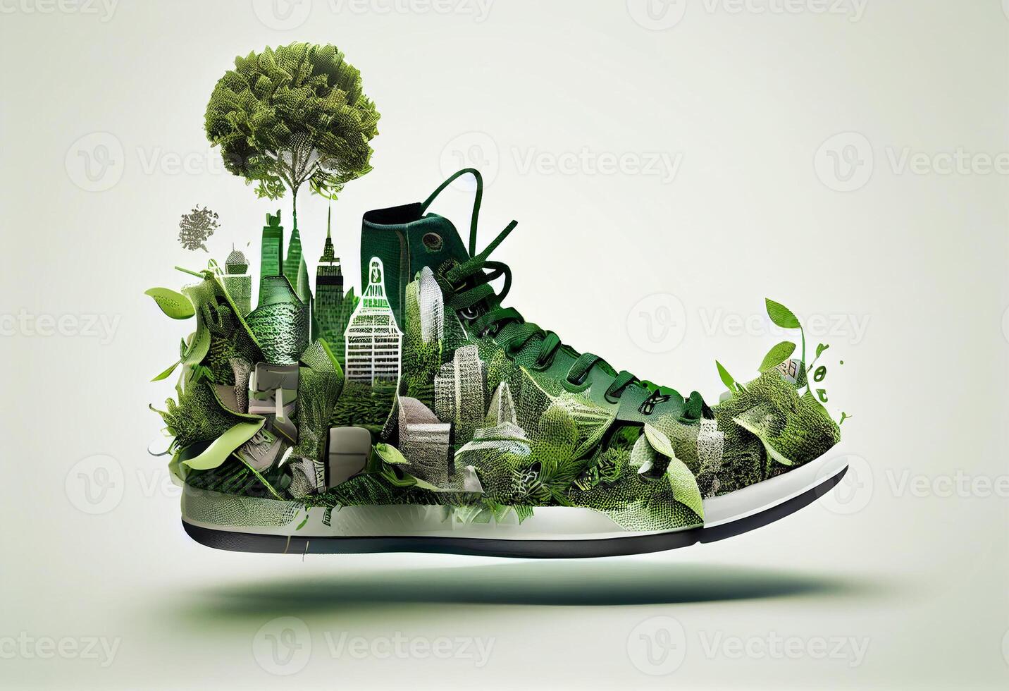Shoe with greenery and city , Carbon Footprint concept. . photo